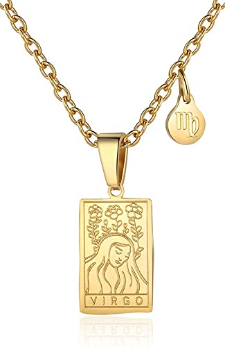 RIXERKOC Signo del Zodiaco Collar para Mujeres Constelación Tarot Colgante Doble Cara 18K Oro Inoxidable Signo del Zodiaco Joyería Regalos para Chicas (Virgo)