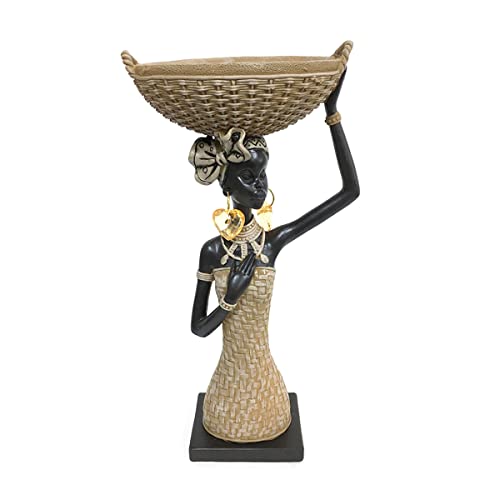ROCKING GIFTS Figura Decorativa de Resina Busto Africana con Cesta, 15x30 cm, vaciabolsillos, Decoracion etnica
