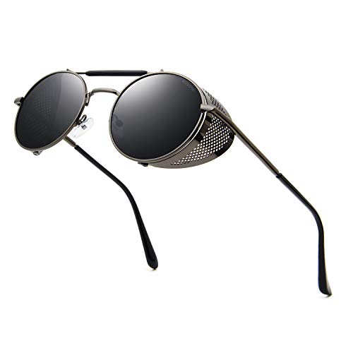 RONSOU Steampunk Estilo Redondas Vintage Gafas de Sol Retro Gafas UV400 Protección Metal Marco gris marco/gris lente
