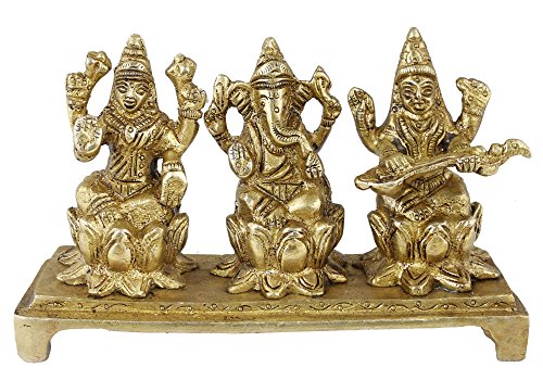 RoyaltyLane Figura de la suerte hinduismo – Señor Ganesha Diosa Lakshmi y Saraswati ídolo – Estatua de latón de Deidades hindúes – 14 x 7,6 x 3,8 cm
