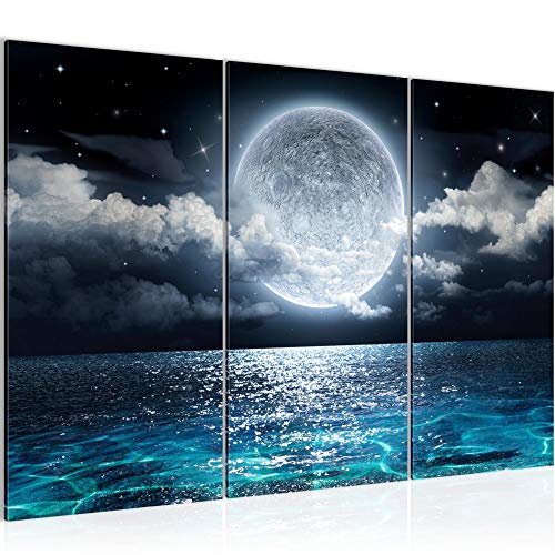 Runa Art Luna Llena Mar Cuadro Decorativo para Sala XXL Azul Cielo Nocturno Luna 120 x 80 cm 3 Piezas Decoración de Pared 025331a