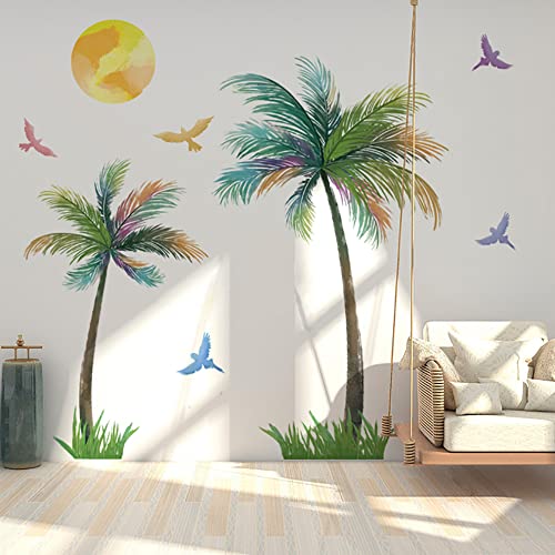 Runtoo Calcomanías de pared de palmera grande, pájaros coloridos, plantas tropicales, calcomanías artísticas para sala de estar, dormitorio, guardería, decoración de pared