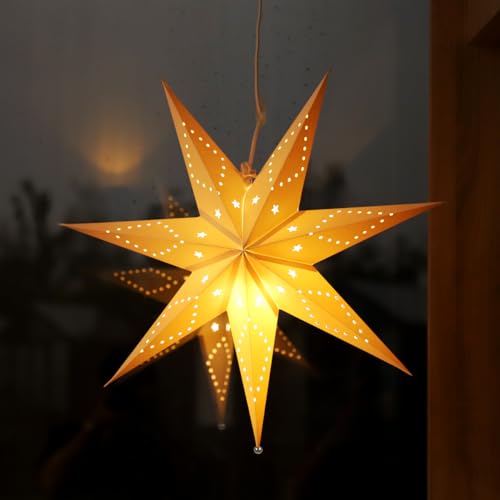 SALCAR Lámpara colgante de papel con forma de estrella, estrella de papel para decoración colgante del hogar, estrella brillante de papel blanco de 7 puntos con bombilla LED blanca cálida E14,Navidad