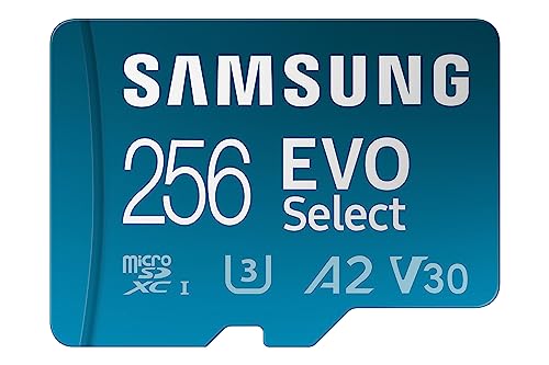 Samsung EVO Select 256GB, microSD, A2, V30, 130 MB/s, FHD, 4K UHD, tarjeta de memoria con adaptador para Smartphone, Tablet, Cámara de Acción, Drone o Notebook, Color Azul (MB-ME256KA)