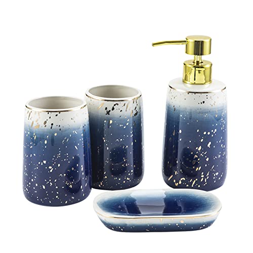 Santentre 4 Piezas Lujo Cerámico Bathroom Set con dosificador de jabón, Porta Cepillo de Dientes, Vaso, Jabonera, Regalo Ideal para la decoración y organización del hogar, Azul