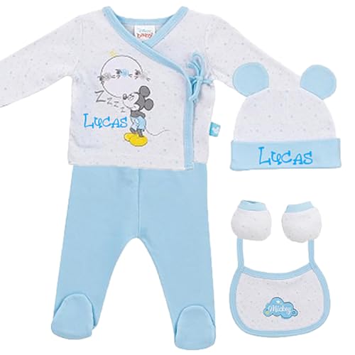 Set primera puesta Fantasía para recién nacido – Set de 5 piezas con el Pijama y el Gorrito Personalizados con el Nombre del Bebé. (Azul)