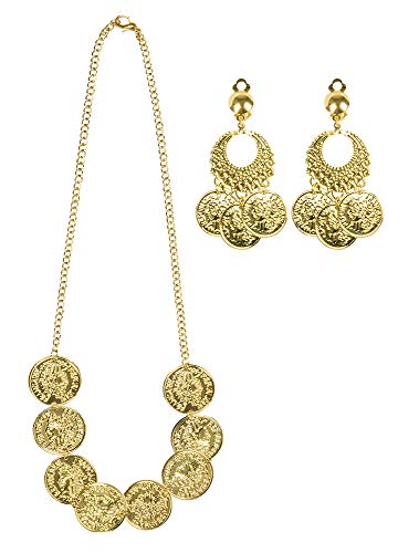 shoperama Juego de joyas con cadena y pendientes de clip con monedas de oro, diosa de harén, adivinadora, gitana, oriental, 1001 noche