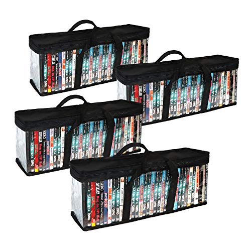SILD Juego de 4 cajas de almacenamiento para DVD, organizador de bolsas apilables, color negro, con capacidad para 160 DVD, BluRay, películas, medios de comunicación, videojuegos PS4