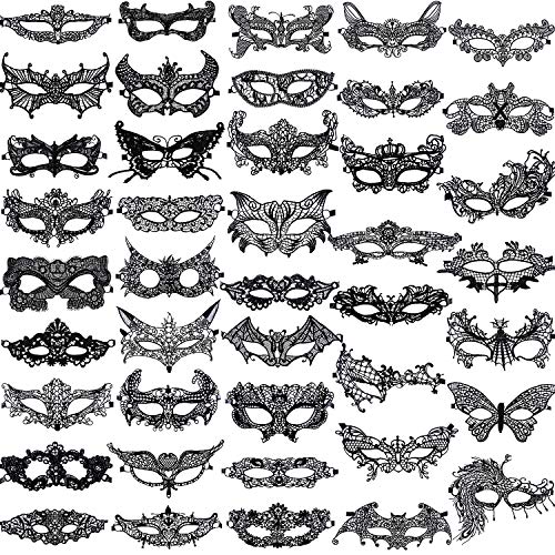SIQUK 42 Piezas Mascaras Venecianas Negro Máscara de Rncaje para Veneciano Carnaval Fiesta de Baile