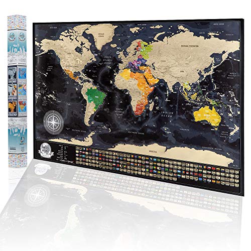SMAGOS - Mapa Mundi Rascar (70x50 cm) - El paquete incluye una herramienta para rascar con precisión, Mapa de Viaje con Banderas de Países, oro/negro