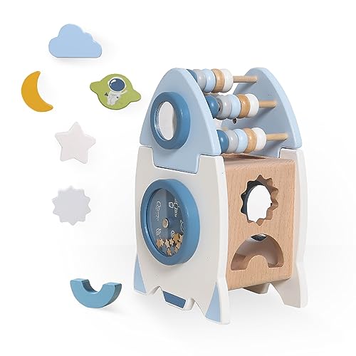 Smartwo Cubo Actividades Bebe 1 2 Año-Gran Cohete de Madera 6 en 1 Juguetes Sensoriales Montessori 18 Meses Juguetes Clasificador de Formas Juguete Motricidad Fina Juegos Educativos Regalo para Niños