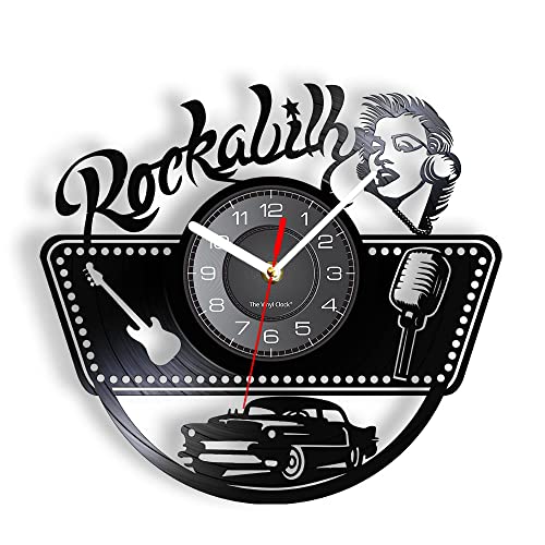 Smotly Reloj de pared de vinilo, reloj de pared temático de rock and roll con función de luz nocturna LED, reloj de pared regalo para músicos decoración del hogar (negro)