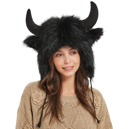 Sombrero de bisonte - Gorro de cuerno de felpa cálido,Gorros con orejas esponjosas para Halloween, regalo para hombres y mujeres para animales, cosplay, festivales, fiestas temáticas, aventuras Qarido