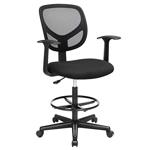 SONGMICS - Sillón de Oficina, Silla de Lona, Asiento ergonómico, Taburete, con reposapiés Regulable en Altura, Giratorio 360°, para Oficina de pie, Negro OBN25BK