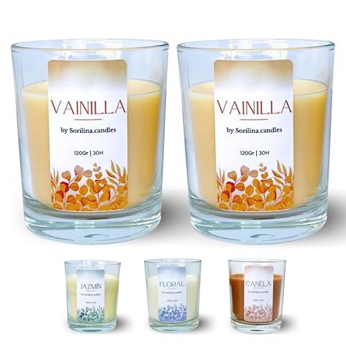 SORILINA 2 Velas de Vainilla Cera Vegetal Aroma Intenso Hechas en España - (2 unidades) - 2x120gr, 2x30h duración Aroma Intenso Vela Vegana Vela Aromática