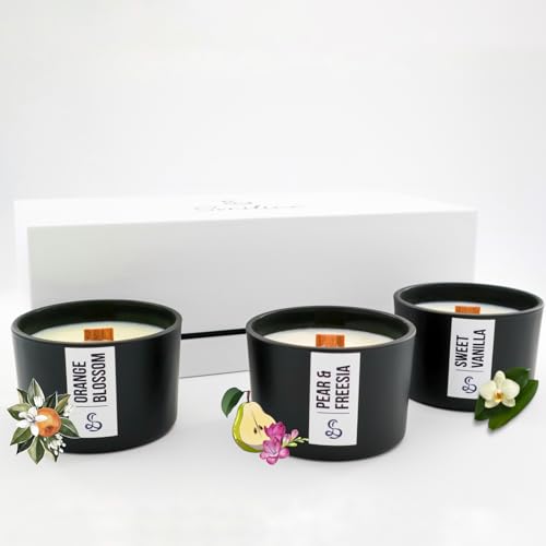 SORILINA Set de 3 Velas Aromáticas con Caja de Regalo - Cera de Soja, Mecha de Madera, Hechas a Mano en España - Aromas: Vainilla, Pera y Freesia, Azahar - 90gr/u, Larga Duración