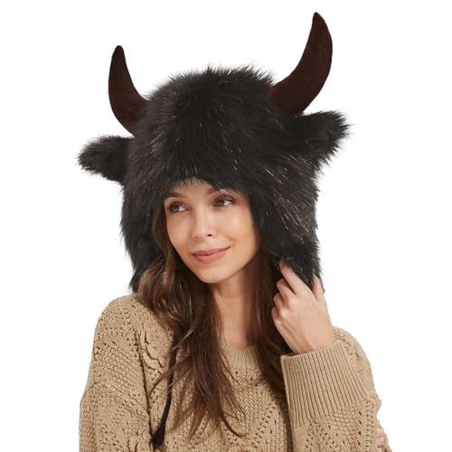 SOYDAN Sombrero de Bisonte con Cuernos - Gorro de cuerno de felpa cálido - Sombrero peludo, sombreros de animales para hombres y mujeres, regalo para animales, cosplay, festival, fiesta temática