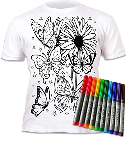 Splat Planet Camiseta de colores con mariposas y flores con 10 bolígrafos mágicos lavables no tóxicos, camiseta de colores y lavado, blanco, 9-11 Años