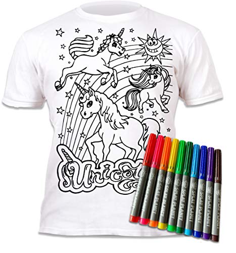 Splat Planet Camiseta para niños con diseño de unicornio para colorear y colorear con preimpreso. Incluye 6 lápices mágicos lavables para colorear. Cumpleaños infantiles, Blanco, 3-4 años