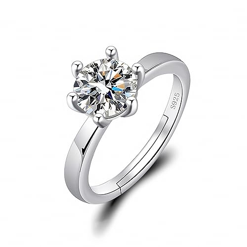 SSRDFU - 1 Pcs Anillo de diamante completo simulado de seis puntas de oro blanco, anillo de mujer, anillo abierto de iris ajustable, cobre hipoalergénico, regalo para niña o madre atractiva, plata