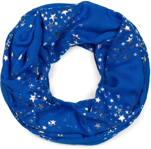 styleBREAKER Bufanda de lazo para mujer con estampado de estrellas metálicas brillantes, bufanda monocolor de tubo ligero, bufanda 01016118, color:Azul royal