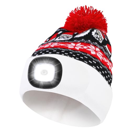 TAGVO Navidad Gorro LED con Luz, Gorro Cálido para Deporte de Invierno al Aire Libre para Esquí, USB Recargable Sombrero Beanie con Linterna LED, Regalos Navidad para Hombre Mujer