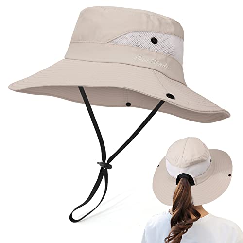 TAGVO Sombrero de Sol para Mujer, Gorro de ala Ancha de Malla Sombreros de Pesca al Aire Libre Protección UV, Sombrero de Cola de Caballo Plegable Gorro de Pescador, Sombrero de Playa de ala Ancha