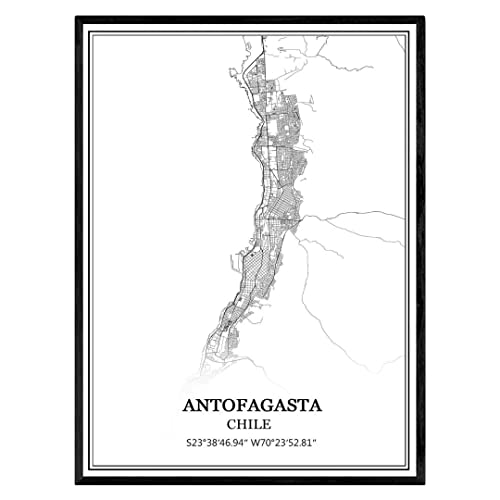 TANOKCRS Antofagasta Chile Mapa de pared arte lienzo impresión cartel obra de arte sin marco moderno mapa en blanco y negro recuerdo regalo decoración del hogar