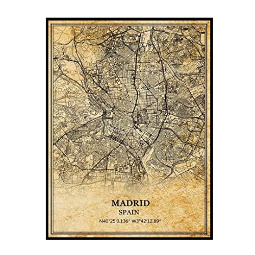 TANOKCRS Madrid España Vintage Map Poster Arte de la pared Arte de la ciudad mapa de la carretera impresión Viaje recuerdo regalo decoración del hogar sin marco