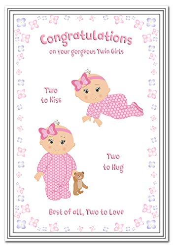 Tarjeta de bebé gemela – recién nacidos gemelos – Felicidades por el nacimiento de hermosas hermanas – Calidad saludo buenos deseos – interior en blanco para escribir su propio mensaje especial