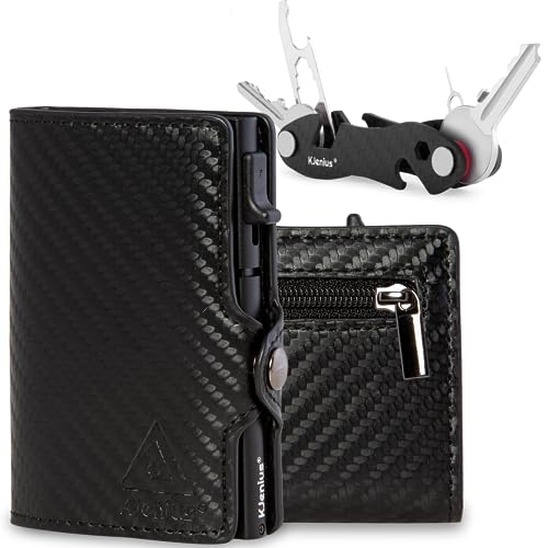 Tarjeteros para Tarjetas De Credito Carteras Hombre Pequeña Protegida En Cuero Y Fibra De Carbono Aluminio Inteligente Protección contra El RFID NFC Cremallera Antifraude Monedero Slim Vertical
