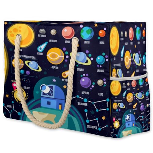 Tavisto Bolsas de playa con diseño de planeta espacial de dibujos animados para mujer, bolsa de playa impermeable a prueba de arena, bolsas de playa para mujer con cremallera, bolsa de playa, bolsa de