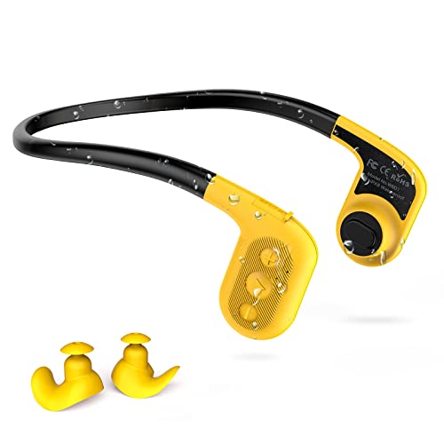 Tayogo Auriculares de conducción ósea Resistentes al Agua, Auriculares de natación IPX8, Almacenamiento de 8 GB (sin Bluetooth), Modo MP3/FM, Escuchar música, audiolibro (Yellow)