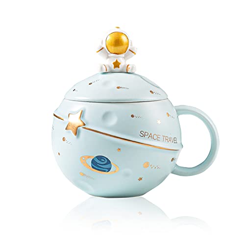 Taza de astronauta kawaii Taza Planeta en relieve espacial Taza de café de cerámica linda Taza novedosa con tapa y cuchara para café, té y leche Regalo divertido cumpleaños (Azul)
