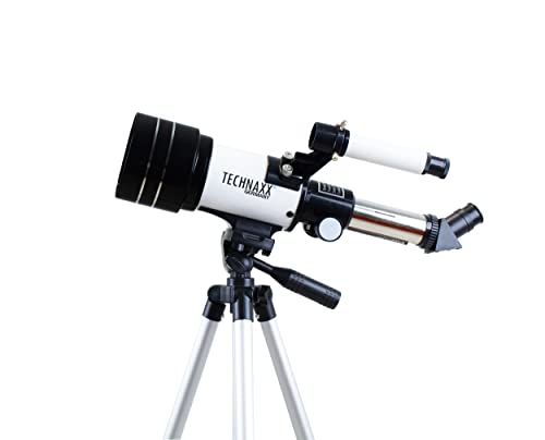 Telescopio Technaxx para la observación del Paisaje y del Cielo - Trípode Ajustable en Altura, 3 Lentes, Lente de Barlow, filtros de luz Solar y Verde - Telescopio para Adultos o niños TX-175