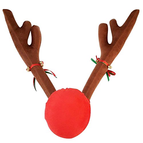 Tezam - Decoración de Navidad para coche, de peluche, diseño de cuernos de reno Rudolf y nariz roja, con campanillas, 45 cm de alto