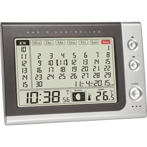 TFA 60.2529.54-Reloj Despertador con Calendario mensual, Gris, L 176 x B 50 x H 120 mm