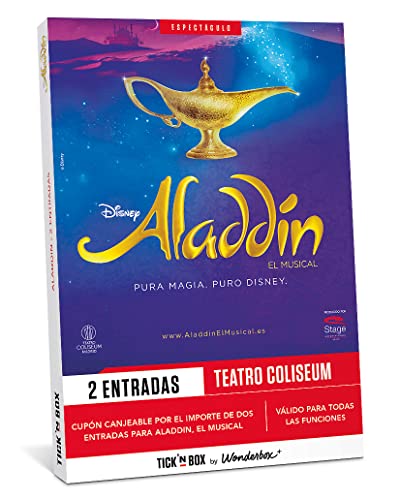 Tick'nBox - Caja Regalo - Disney Aladdin el Musical - 1 Entrada para 2 Personas - Todo lo Que deseas Encontrar en un Musical Hecho Realidad - Regalos Originales para Mujer - Válido por 2 años