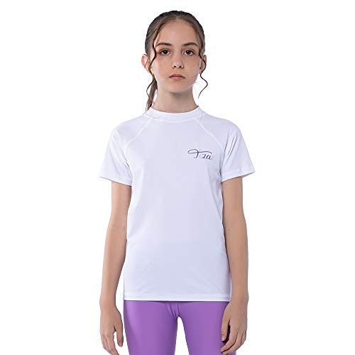 TIZAX Camiseta Natación con Protección Solar para niñas Traje de baño de Manga Corta Rashguard para Surf/Nadando/Buceo/Playa Blanco 110