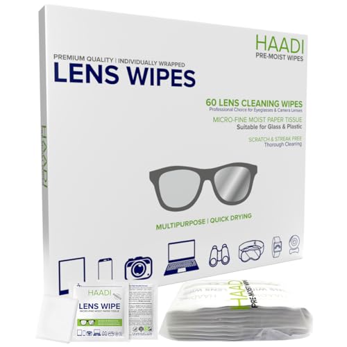 Toallitas limpiadoras de gafas, 60 toallitas envueltas individualmente, multiusos, adecuadas para lentes, cámaras, binoculares, espejos, pantallas, dispositivos ópticos y electrónicos