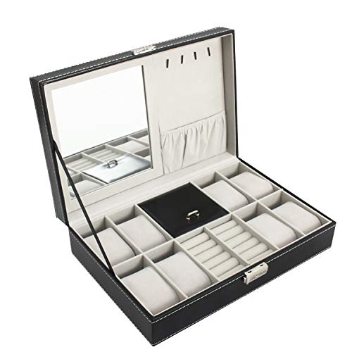 Todeco - Caja de Relojes de Joyería, Caja de Exhibición para Joyero de Relojes - Tamaño: 30 x 20 x 8 cm - Material de la caja: MDF - 8 relojes, joyas y espejo, Gris