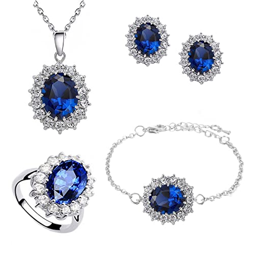 TOFBS Conjuntos de Joyas para Mujer y Niñas Zirconia Cúbica Collar con Colgante Pendientes Pulsera y Anillo Juego de Joyas Princesa Diana Conjuntos de Joyas (Azul real)