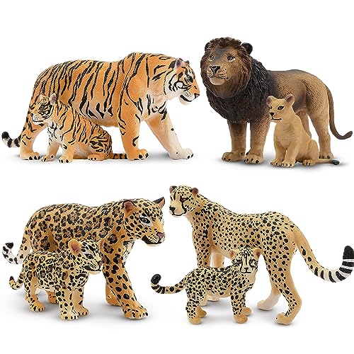 TOYMANY 8 figuras de animales Juego de figuras de safari, contiene animales bebés, leones realistas, tigre guepardo y figuras de jaguar, figuras de plástico zoológico selva bosque salvaje para niños