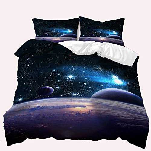 TULTOAP Juego de ropa de cama con diseño de galaxia de 135 x 200 cm, 3D Starry Planet funda nórdica con temática azul universo, juego de ropa de cama para adultos adolescentes (Galaxy B, 135 x 200 cm)