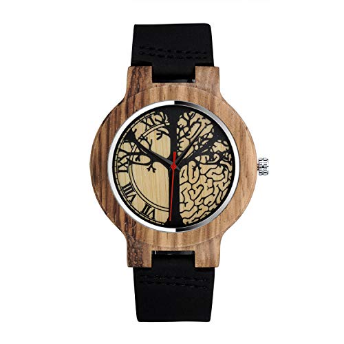 Unendlich U-Moda Reloj de Madera de Bambú para Mujer y Hombre Reloj de Cuarzo con la Correa de Cuero Genuino Idea Regalo Navidad Pareja Diseño Árbol de la Vida
