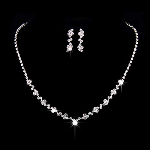 Unicra Juego de collar y aretes de boda para novia, juego de joyas de plata con diamantes de imitación para mujeres y niñas (A)