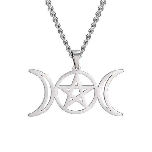 VASSAGO Collar de la diosa de la luna triple collar de amuleto de pentagrama de la wicca joyería de acero inoxidable, Acero inoxidable