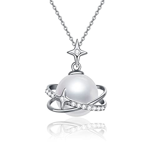 VENACOLY Collar de plata de ley con colgante de planeta, diseño de Saturno, nudo celta, luna, sirena/fénix, Plata esterlina, Perla