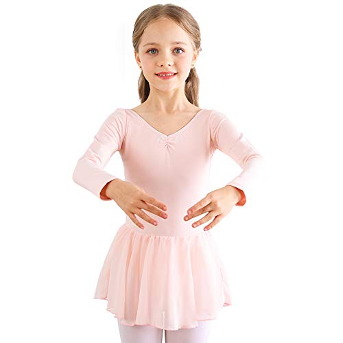 Vestido de Ballet Maillot de Danza Gimnasia Leotardo Algodón Body Clásico para Niña (120 (110-120cm,6-7 años), Rosa Manga Larga)