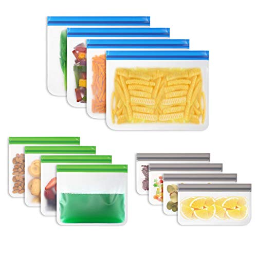 Vicloon Bolsas de Silicona Reutilizables, 12 Pack Bolsas Congelar para Almacenamiento de Alimentos, Bolsas de conservacion para Fruta Sandwiches Verduras, Sin BPA